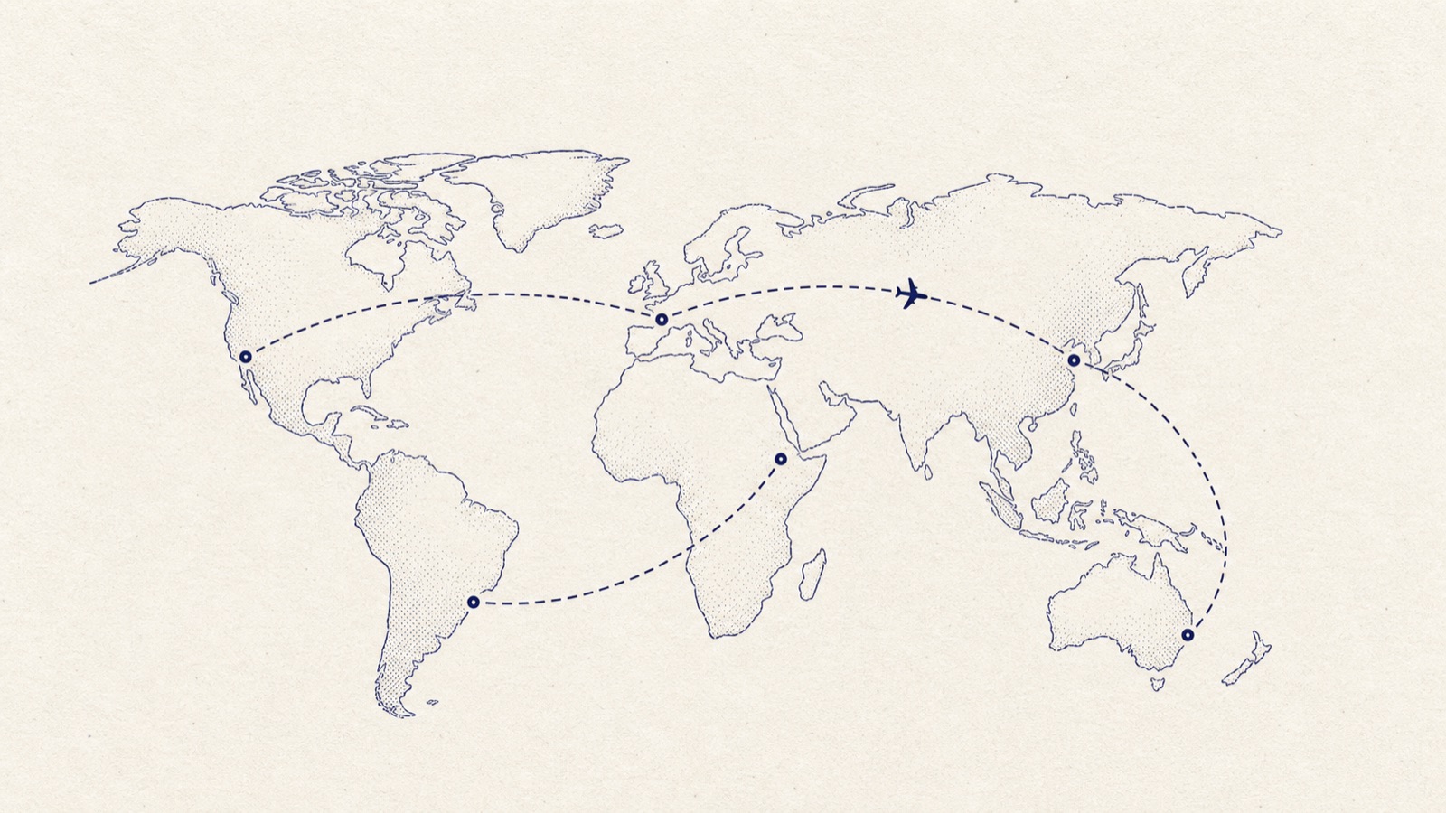 Duotone print of a flight-route map